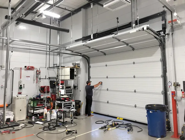 St. Petersburg Garage Door Repair certified technician performing commercial door repair at a St. Petersburg business facility