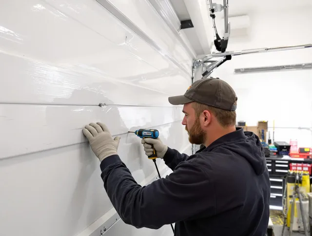 St. Petersburg Garage Door Repair technician demonstrating precision dent removal techniques on a St. Petersburg garage door