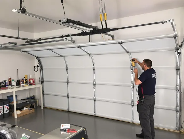 St. Petersburg Garage Door Repair certified technician performing overhead door system repair in St. Petersburg