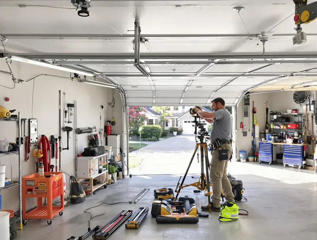 St. Petersburg Garage Door Repair specialist performing laser-guided track alignment in St. Petersburg